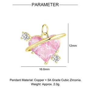 Detailed view of heart-shaped pink zircon pendant with gold planet ring dimensions