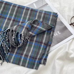 Grey and blue plaid winter scarf with fringe, soft warm couple windproof neck wrap