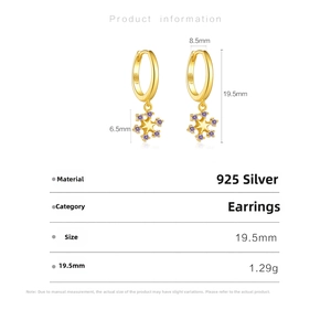 Detailed size specifications for S925 sterling silver snowflake earrings with purple zircon