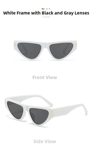 Detailed front and side views of white cat eye sunglasses with silver rivets and grey lenses