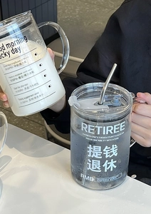 Macro view of high borosilicate glass mug featuring time scale and dual-sip lid with straw