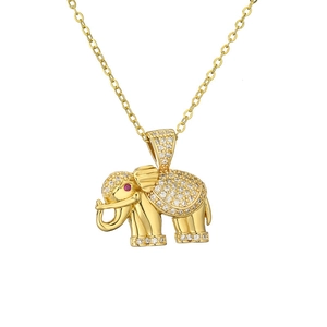 Minimalist gold elephant pendant necklace with white zircons and a small red gemstone eye