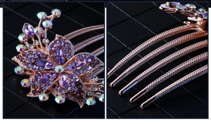 Detail view of rose gold hair comb with purple marquise crystals and rhinestones