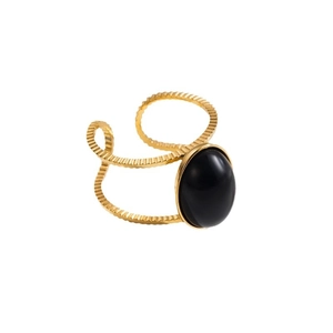 Vintage gold stainless steel open ring with oval black stone and textured pattern