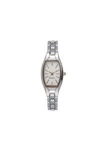 Detail of silver quartz watch featuring a rectangular dial with two sparkling crystals