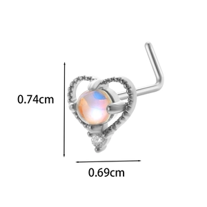 L-shaped titanium nose stud with heart opal and small crystal with size detail