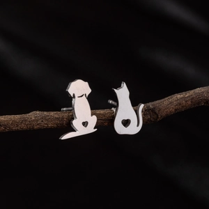 Asymmetric stainless steel cat and dog stud earrings with hollow heart on wood branch
