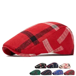 Red plaid newsboy flat cap for men and women with eight color variants display