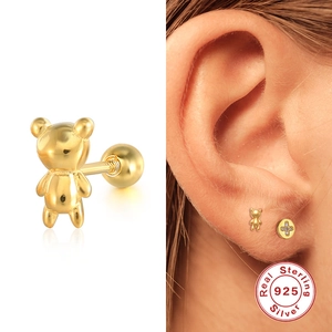 925 sterling silver teddy bear cartilage earring with screw back and gold plating