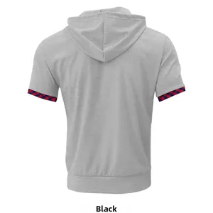 Rear view of a light grey waffle knit short sleeve hoodie with checkered cuff details