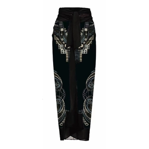 Black high-waisted maxi skirt with bohemian geometric prints and decorative waist tie