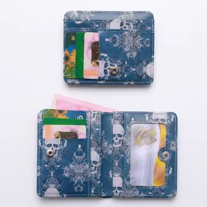 Detailed interior view of blue skull print bifold wallet with card slots and ID window