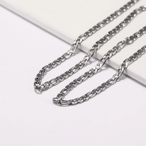 Detailed view of silver stainless steel Figaro style chain necklace with polished links