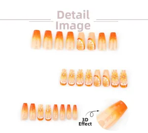 Detailansicht der 3D-Wassertropfen und Orangen-Textur auf den orangefarbenen Nägeln