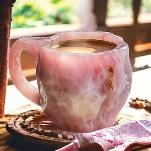 Minimalist pink crystal coffee mug with natural facets and steam on a wooden coaster