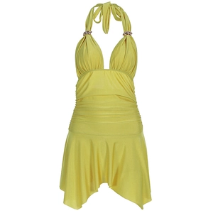 Detail of yellow halter neck dress featuring deep V-neckline and gold metal ring accents