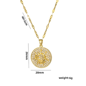 Golden sun disk titanium necklace with zircon crystals, including chain size measurements