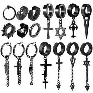 Stainless Steel Clip-on Earrings Non Pierced Punk Gothic Hip Hop Cross Feather Star Cone Dangle Jewelry For Men Women