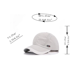 Light gray quick dry baseball cap with mesh side panels and detailed size measurements