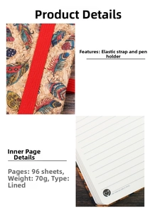 Close-up of cork cover notebook with red elastic band and lined inner pages detail