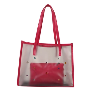 Transparent PVC tote bag with pink leather trim and colorful rhinestone accents