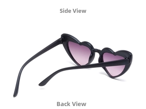 Detail side and back view of heart-shaped kids sunglasses with black frames and purple lenses