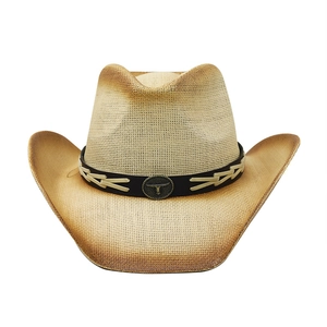 Western straw cowboy hat with gemstone belt and bull head buckle for sun protection