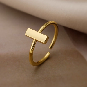 Minimalist 18K gold plated open ring with geometric rectangular zirconia bar design