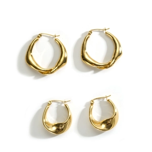 Polished gold stainless steel twisted hoop earrings and chunky teardrop studs set