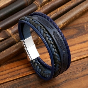 Men's multi-layer leather feather bracelet with silver magnetic buckle on bamboo