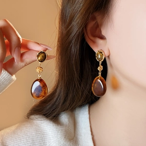 Boucles D'oreilles Pendantes Goutte D'eau Vintage Résine Marron Café Avec Tige En Argent Accessoires De Mode Pour Femmes
