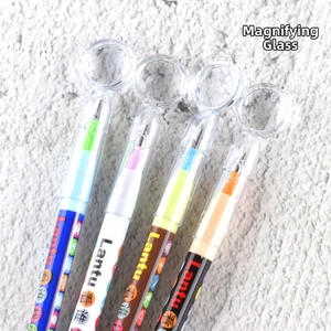 Close-up of creative multi-functional pens featuring integrated magnifying glass lenses