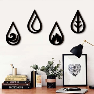 Set of four black wooden teardrop wall decors featuring nature symbols on white wall