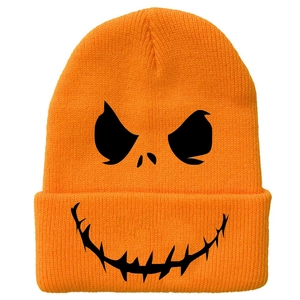 Bright orange knit beanie featuring a bold black skull face pattern for Halloween fashion
