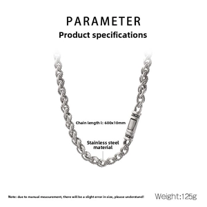 Macro view of vintage silver steel chain necklace showing 600mm length and 10mm width details