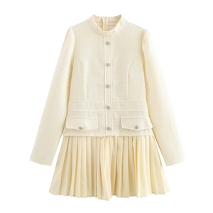 Franse Stijl Tweed Mini Jurk Lange Mouwen Geplooide Rok Stiksels Gelaagde Look Ivoor Elegantie Voor Dames