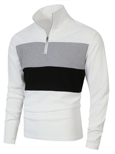 Détail du tissu gaufré et patchwork tricolore sur ce sweat-shirt à col zippé pour hommes