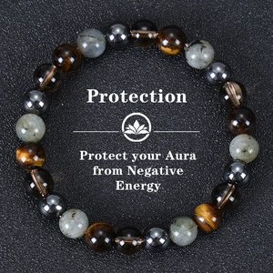 Macro view of 8mm tiger eye and obsidian beaded protection bracelet on dark background