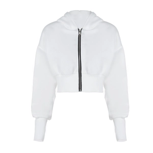 Women's white zip-up hooded knit jacket with black zipper and ribbed cuffs