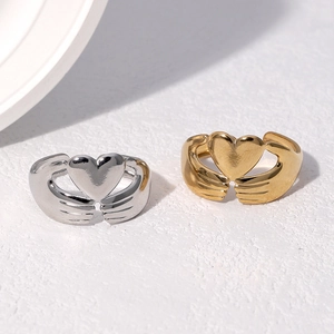 Stainless Steel Heart Open Ring 18K Gold Plated Hands Hugging Heart Adjustable Minimalist Fashion Jewelry For Women