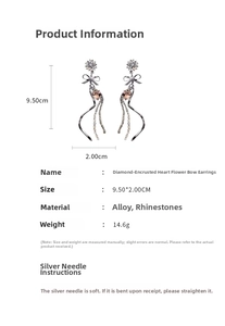 Detailed size specifications for crystal heart bow dangle earrings with long tassels