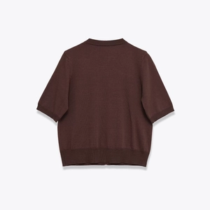 Back view of a minimalist coffee brown short-sleeve knitted cardigan in round neck style
