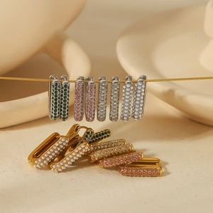 Rectangular Hoop Earrings Stainless Steel 18K Gold Plated Zircon Artificial Pearl Geometric Huggie Fashion Jewelry For Women