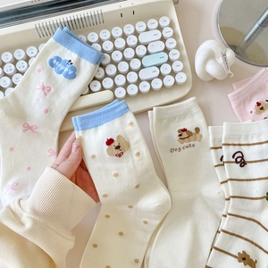 Cute Japanese style cotton crew socks with embroidered puppy and bow patterns