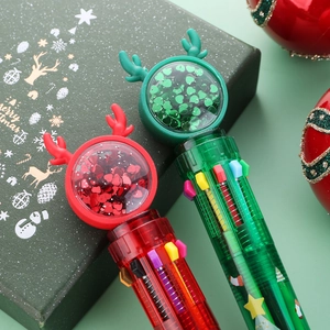 Christmas ten-color ballpoint pen with reindeer antler top and sequins shaker decor