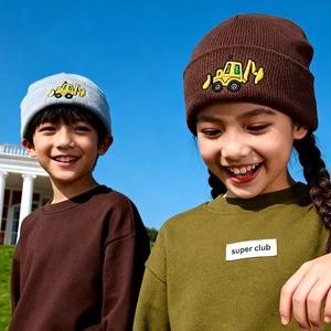 Kids winter knit beanie with excavator embroidery in grey and brown for cold weather