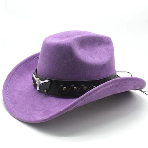 Macro detail of purple suede cowboy hat with black belt and silver bull head ornament