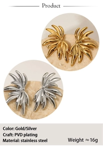 Macro shot of leaf-shaped PVD plated stainless steel earrings in gold and silver