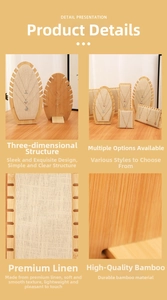 Linen necklace display stands with bamboo base shown in a 4-grid detail layout