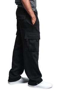 Detailed side view of black multi-pocket cargo pants with flap pockets and cotton texture